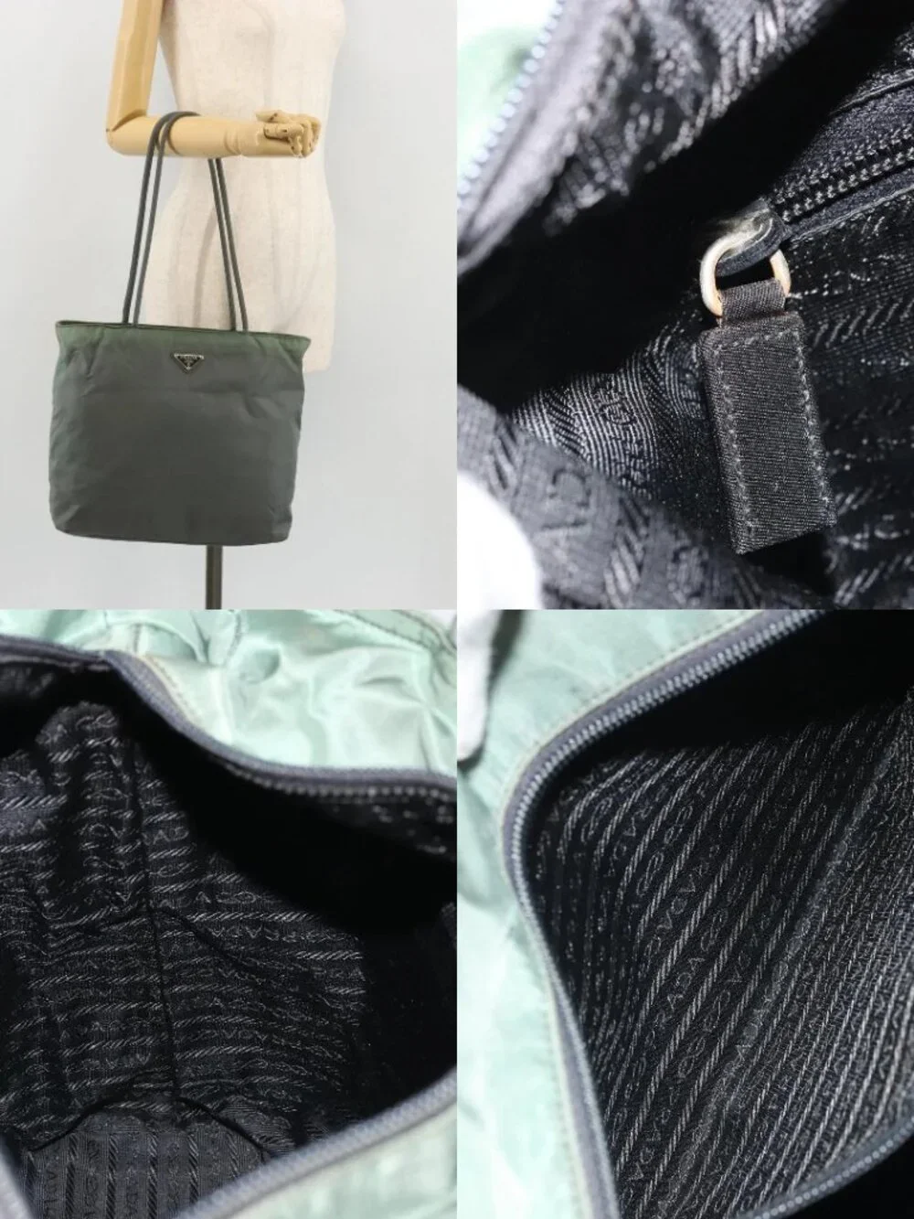 PRADA Tote Bag Nylon Green Silver Auth 175705